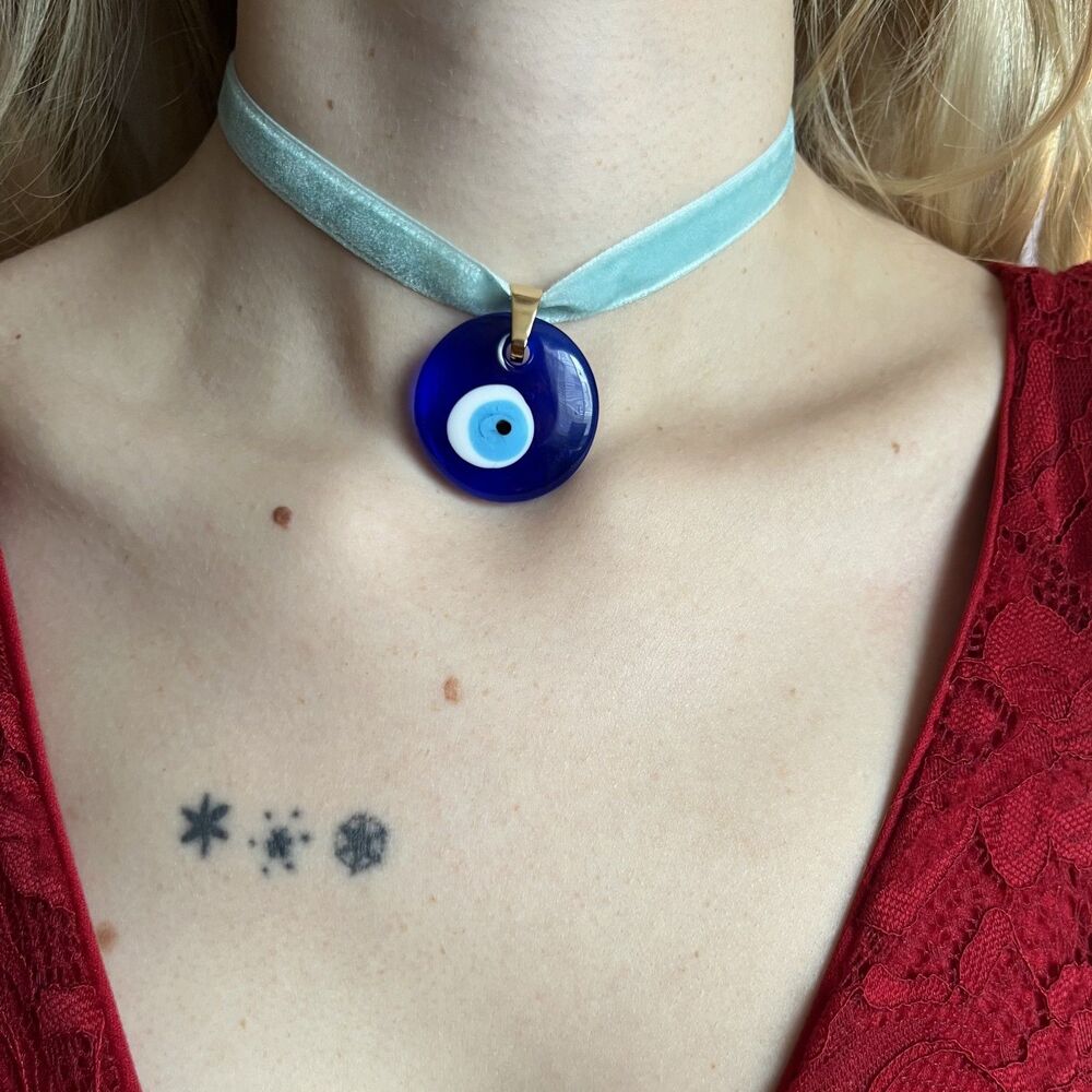 Glass Evil Eye Talisman Choker on Light Blue Velvet Ribbon with Gold Accents